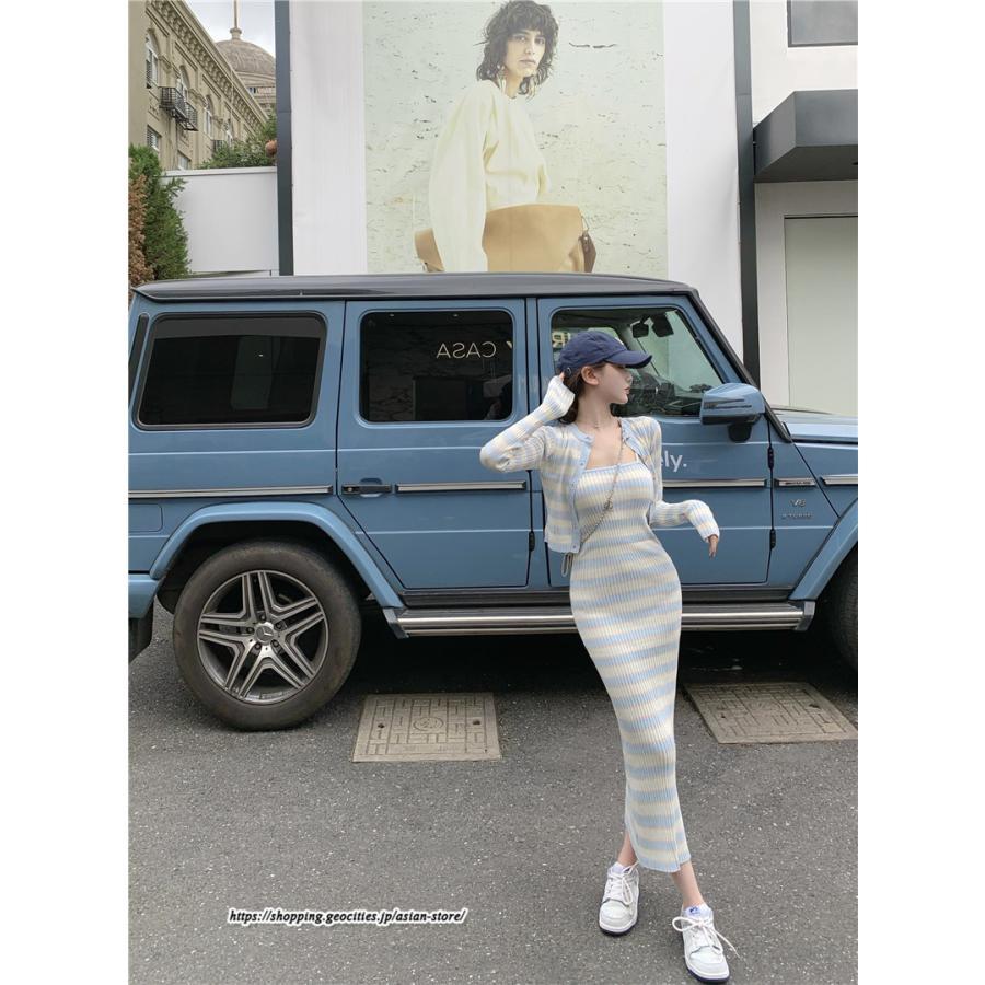 カーディガン | ニットワンピース リブニット トップス キャミワンピース ボーダー ニット 長袖 タイト ニットワンピース スリム セクシー 20代