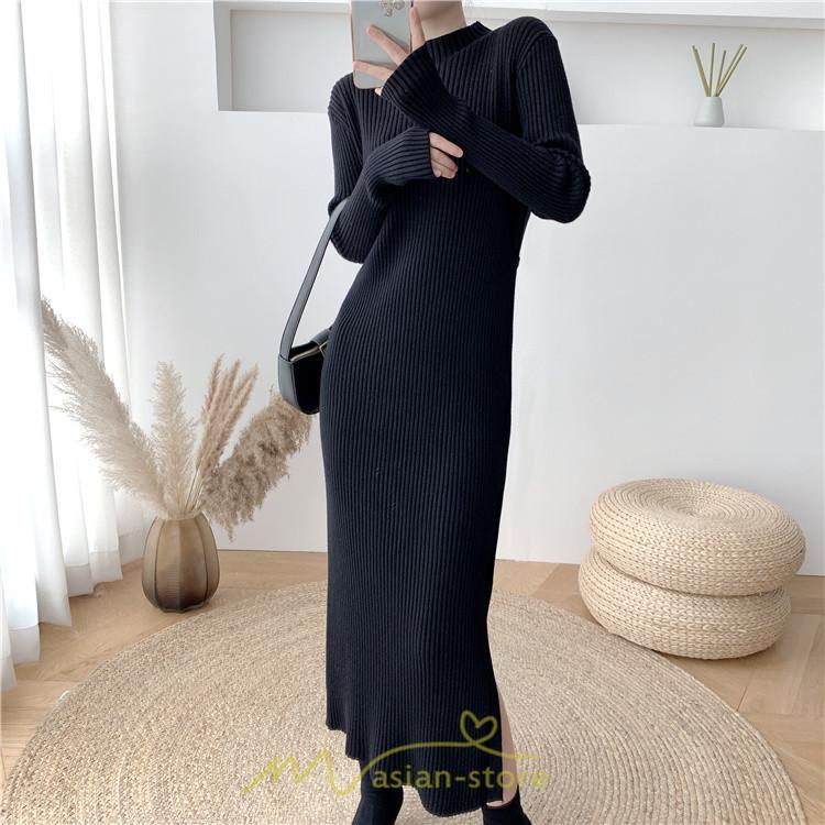 ニットワンピース | レディース 冬 きれいめ ロング おしゃれ 秋冬 長袖 ハイネック サイドスリット セクシー 同窓会 デート 大人フェミニン 女子会 韓国風