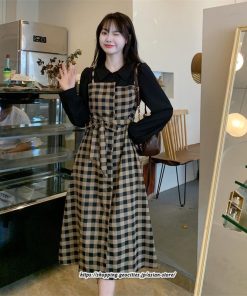 マキシ | ワンピース レディース 大きいサイズ チェック柄 リボン フレア 切り替え 重ね着風 レイヤード風 秋コーデ 秋 可愛い 若見え 冬 オシャレ 着痩せ