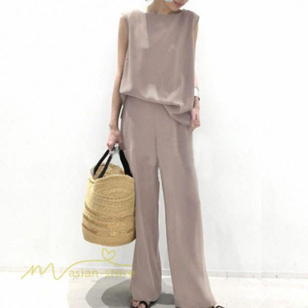 セットアップ | ワイドパンツ タンクトップ レディース 落ち感 大人 ルームウェア 30代40代 お出かけ 2点セット 夏物 可愛い 上下セット カジュアル 秋服