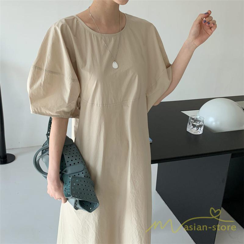 マキシ | ワンピース レディース パフスリーブロングワンピース ハーフスリーブ マキシワンピース ロング丈 半袖 マキシ丈 送料無料 韓国ファッション カジュアル