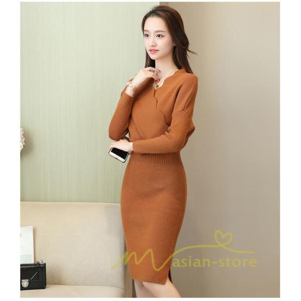 在庫ある | 短納期ニットワンピース 膝丈ワンピース タイトワンピース 長袖 インナー カットソー Vネック エレガント 着痩せ シルエット ビジネスオフィスフォーマル