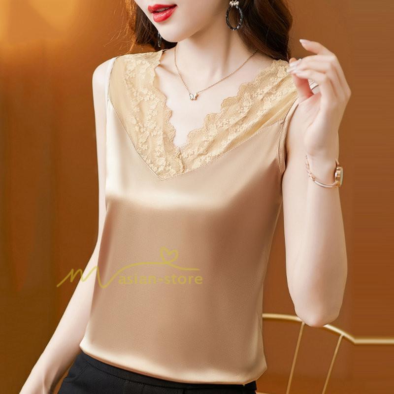 キャミソール タンクトップ | トップス タンクトップ レディース ノースリーブ Vネック Vネックタンク 20代30代40代50代 ママ 母 インナー カジュアル お出かけ カシュクール レース付き