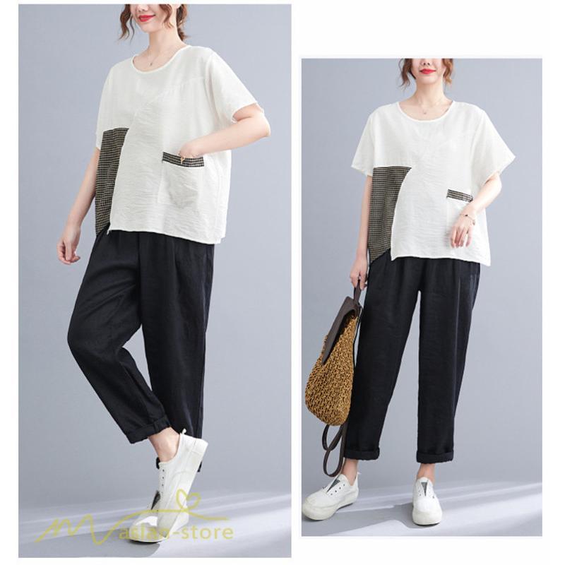 tシャツ・カットソー | tシャツ カットソー レディース 切り替え 女性着 シンプル カジュアル フリーサイズ ゆったり 夏新作 おしゃれ 半袖 チェック柄 黒 半袖tシャツ 丸首 白