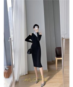 ニットワンピース | ワンピース 秋 秋服 レディース ニット ロングワンピース ロング 長袖 肩出し 秋冬 バイカラー 送料無料 セクシー お出かけ 暖か フェミニン デート