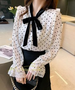 シャツ・ブラウス | ブラウス レディース 長袖ブラウス 秋服 オフィスブラウス リボンネック オシャレブラウス プリントトップス 韓国風 大人 ゆったりシャツ 通勤OL ドット柄 上品