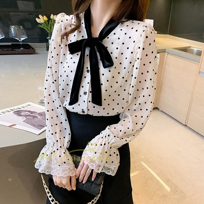 シャツ・ブラウス | ブラウス レディース 長袖ブラウス 秋服 オフィスブラウス リボンネック オシャレブラウス プリントトップス 韓国風 大人 ゆったりシャツ 通勤OL ドット柄 上品