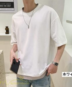Tシャツ | メンズ 夏物 半袖 五分袖 フェイク レイヤード 重ね着 無地 おしゃれ プルオーバー オーバーサイズ しっかり ロングｔ 男 20代 カジュアル 30代