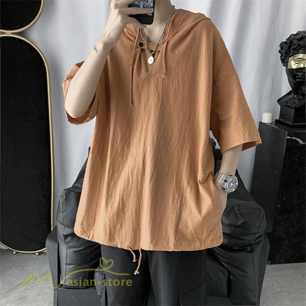 Tシャツ | トップス メンズ カットソー パーカー フード付き カジュアル 無地 7分丈 ゆったり 大きいサイズ 20代 30代 夏新作 ルームウェア 体型カバー シンプル