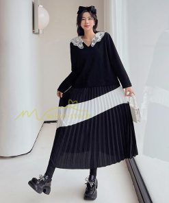 マキシ | 切り替えワンピース 秋 レディース 裾プリーツワンピース ロングワンピース ゆったり 大きいサイズ 秋物 長袖 30代50代 大人 プリーツ 可愛い Vネック