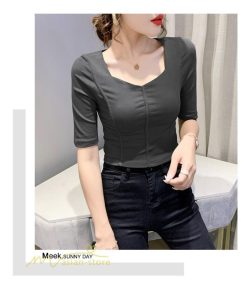 ｔシャツ・カットソー | Tシャツ Tシャツ レディース カットソー 着痩せ 5分袖 着回し 人気 スクエアネック ストレッチ 無地 ショート丈 細身 カジュアルトップス 着痩せ サマー きれい