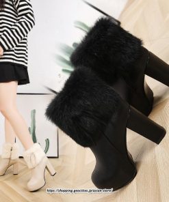 ブーツ | ショートレディース 10.5cmヒール ファー サイドジッパー 太めヒール 冬用 保温 防寒  あったか 疲れない オシャレ 歩きやすい 冬靴 痛くない
