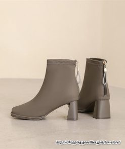 ショートブーツ | レディース 春秋ブーツ スクエアトゥ ブーツ チャンキーヒール 太ヒール 後ろファスナー 靴 通学通勤 黒ブーツ 大人 シューズ ミドルヒール
