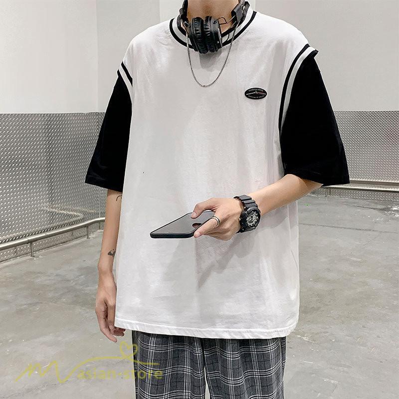 Tシャツ | Tシャツメンズ 重ね着風 半袖 Tシャツ おしゃれ ゆったり カジュアルシャツ クルーネック 新作 大きいサイズ 切り替え サマー上品 春夏 ファッション