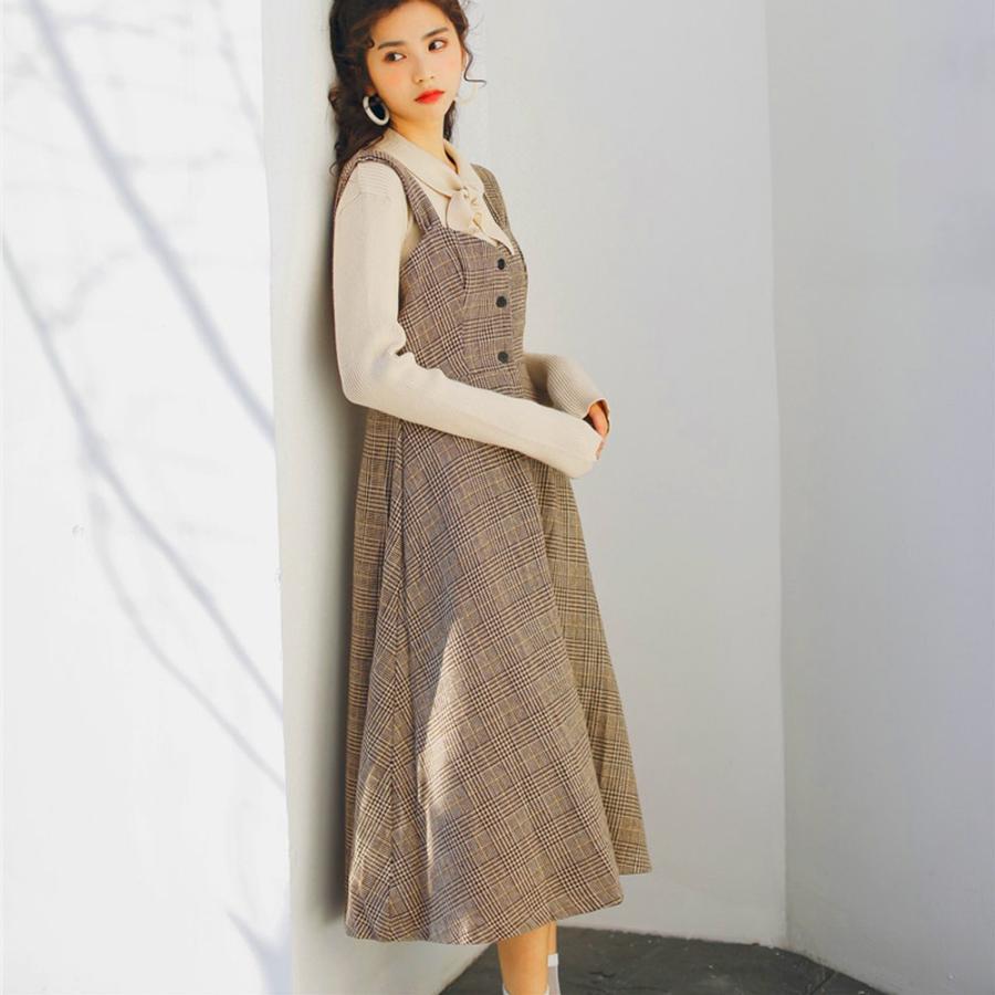 オールインワン | スカート ワンピース ロング 秋冬 チェック ジャンパースカート サロペット オールインワン 大人 グレンチェック