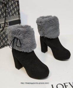ブーツ | ショートレディース 6cmヒール ファー サイドジッパー 太めヒール 冬 保温 防寒 大きいサイズ 痛くない 冬靴 あったか オシャレ 疲れない