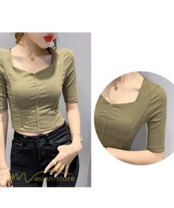 ｔシャツ・カットソー | Tシャツ Tシャツ レディース カットソー 着痩せ 5分袖 着回し 人気 スクエアネック ストレッチ 無地 ショート丈 細身 カジュアルトップス 着痩せ サマー きれい