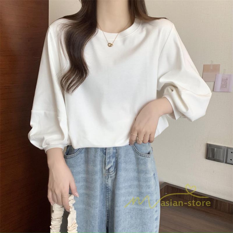 tシャツ・カットソー | 7分袖Tシャツ レディース Tシャツ 夏服 秋物 夏秋物 トップス 夏秋服 パフスリーブ ゆったり 無地 丸首 秋コーデ 春夏秋 可愛い 20代30代 40代50代 夏コーデ