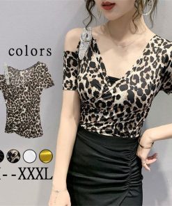 Tシャツ・カットソー | Tシャツ 肩だし クロスVネック コットン トップス 半袖 ヒョウ柄 無地 レディース スタイリッシュ 個性的 エレガント セクシー 着痩せ 気質 フェミニン