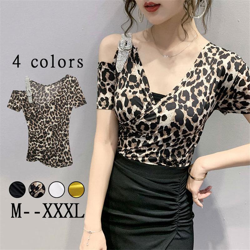 Tシャツ・カットソー | Tシャツ 肩だし クロスVネック コットン トップス 半袖 ヒョウ柄 無地 レディース スタイリッシュ 個性的 エレガント セクシー 着痩せ 気質 フェミニン