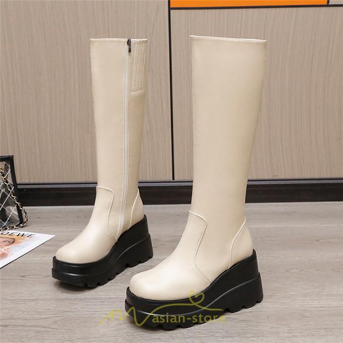 ロングブーツ | レディース ブーツ 厚底 歩きやすい 痛くない 定番 カジュアル 人気ブーツ ファスナー 黒 ブラック シンプル 美脚 おしゃれ 白 オフホワイト