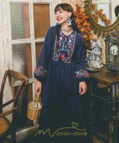 マキシ | ワンピース ロングワンピ パーティー お呼ばれ デート ゆったり 女子会 食事会 白 赤 黄色 青 Aライン 長袖 エスニック風 2022年夏秋新作 刺繍 Vネック 綿麻