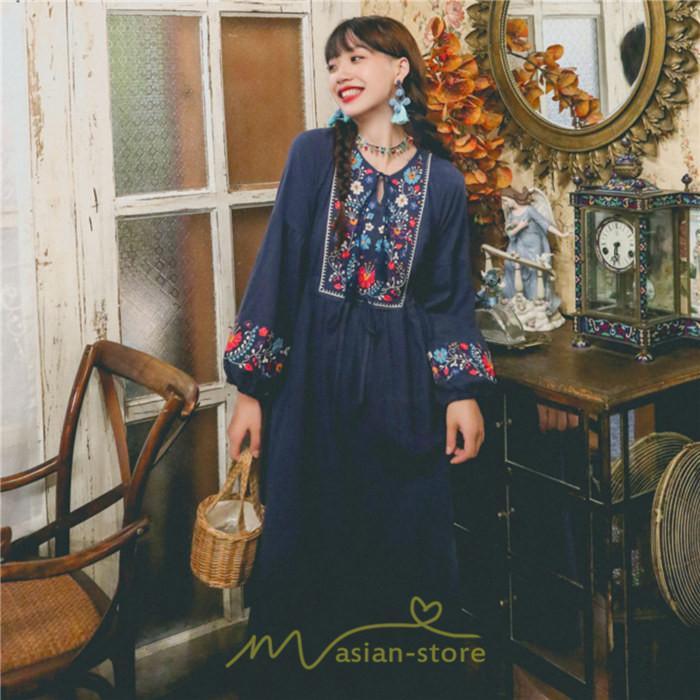 マキシ | ワンピース ロングワンピ パーティー お呼ばれ デート ゆったり 女子会 食事会 白 赤 黄色 青 Aライン 長袖 エスニック風 2022年夏秋新作 刺繍 Vネック 綿麻