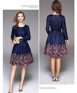 フレア | フレアワンピース レディース 大きいサイズ 膝丈ワンピース 長袖ワンピ 花柄 丸ネック 大人 二次会 パーティー フェミニン