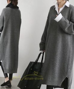 在庫ある | 短納期ロングニットワンピース ロングワンピ カットソー 長袖 トップス Vネック ゆったりセーターニット 体型カバー 通学通勤 OL ストレートニットワンピ