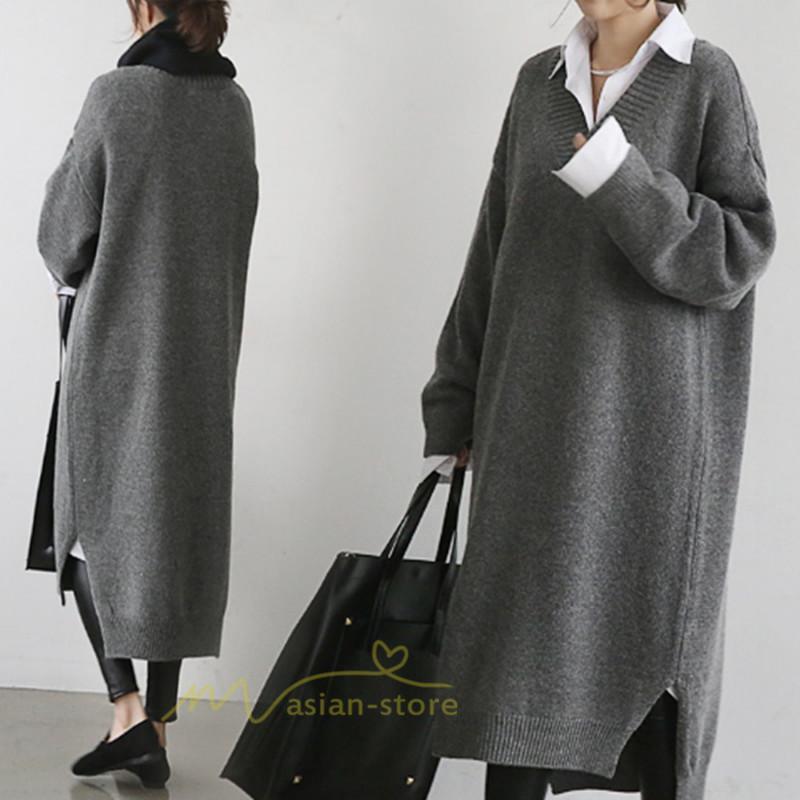 在庫ある | 短納期ロングニットワンピース ロングワンピ カットソー 長袖 トップス Vネック ゆったりセーターニット 体型カバー 通学通勤 OL ストレートニットワンピ