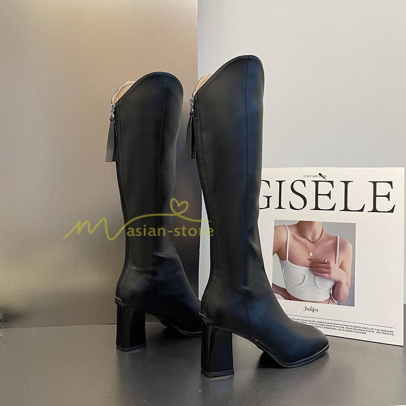 ロングブーツ | レディース ブーツ 秋冬 シューズ 靴 太ヒール チャンキーヒール 合皮ブーツ PUブーツ ロング靴 後ろファスナー COS くつ 大人 コスプレ