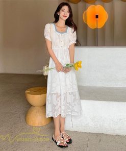 ミディアム | ワンピース レディース 着痩せ スクエアネック 上品 可愛い 半袖 ハイウエスト 透け感 Aラインワンピース 韓国風 20代 お出かけ 通勤通学 30代 きれいめ 40代