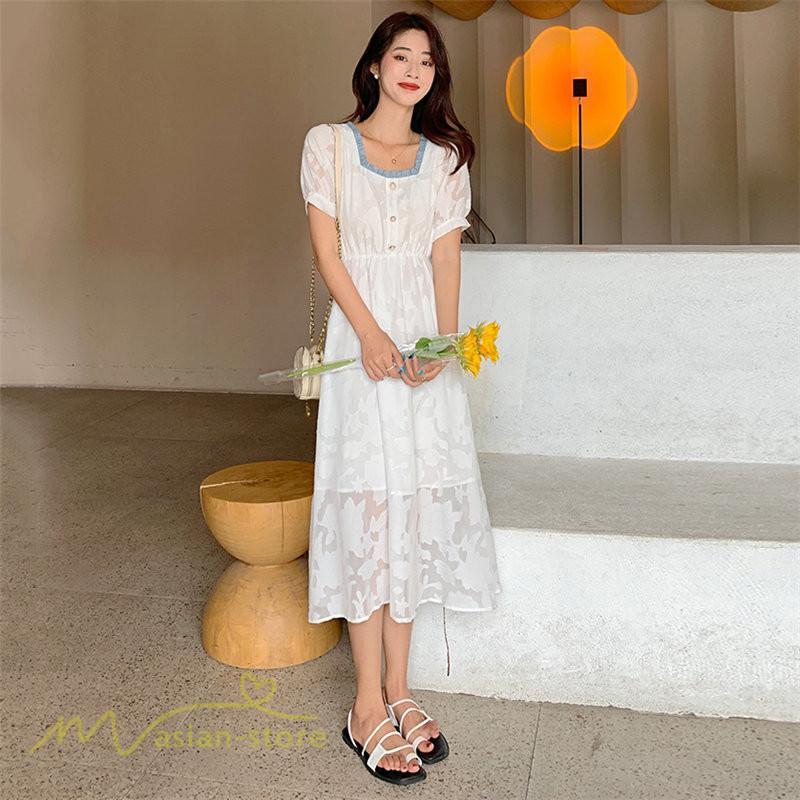 ミディアム | ワンピース レディース 着痩せ スクエアネック 上品 可愛い 半袖 ハイウエスト 透け感 Aラインワンピース 韓国風 20代 お出かけ 通勤通学 30代 きれいめ 40代