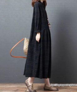 マキシ | チェック柄ワンピースリネン風 シャツワンピース 30代レディース秋物長袖 綿麻風 ゆったり ゆるシルエット 大人 チェック柄 可愛い 通学通勤 ロングシャツ