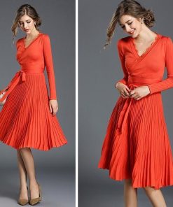 ミディアム | ワンピース レディース ひざ丈ワンピ フレアワンピース Ｖネック 長袖 体型カバー ワンピース 通勤 二次会 カジュアル パーティー 上品 リボン付き