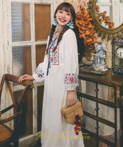 マキシ | ワンピース ロングワンピ パーティー お呼ばれ デート ゆったり 女子会 食事会 白 赤 黄色 青 Aライン 長袖 エスニック風 2022年夏秋新作 刺繍 Vネック 綿麻