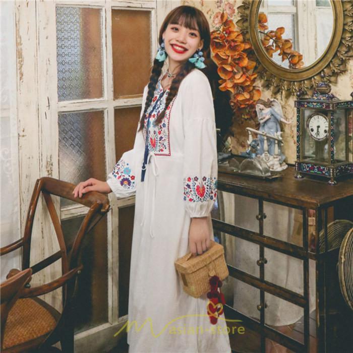 マキシ | ワンピース ロングワンピ パーティー お呼ばれ デート ゆったり 女子会 食事会 白 赤 黄色 青 Aライン 長袖 エスニック風 2022年夏秋新作 刺繍 Vネック 綿麻