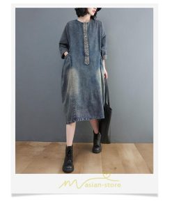 デニムワンピース | ワンピース デニム レディース 40代 ロング チュニック 長袖 ゆったり 大きいサイズ 20代30代50代 ロング丈 体型カバー 膝丈