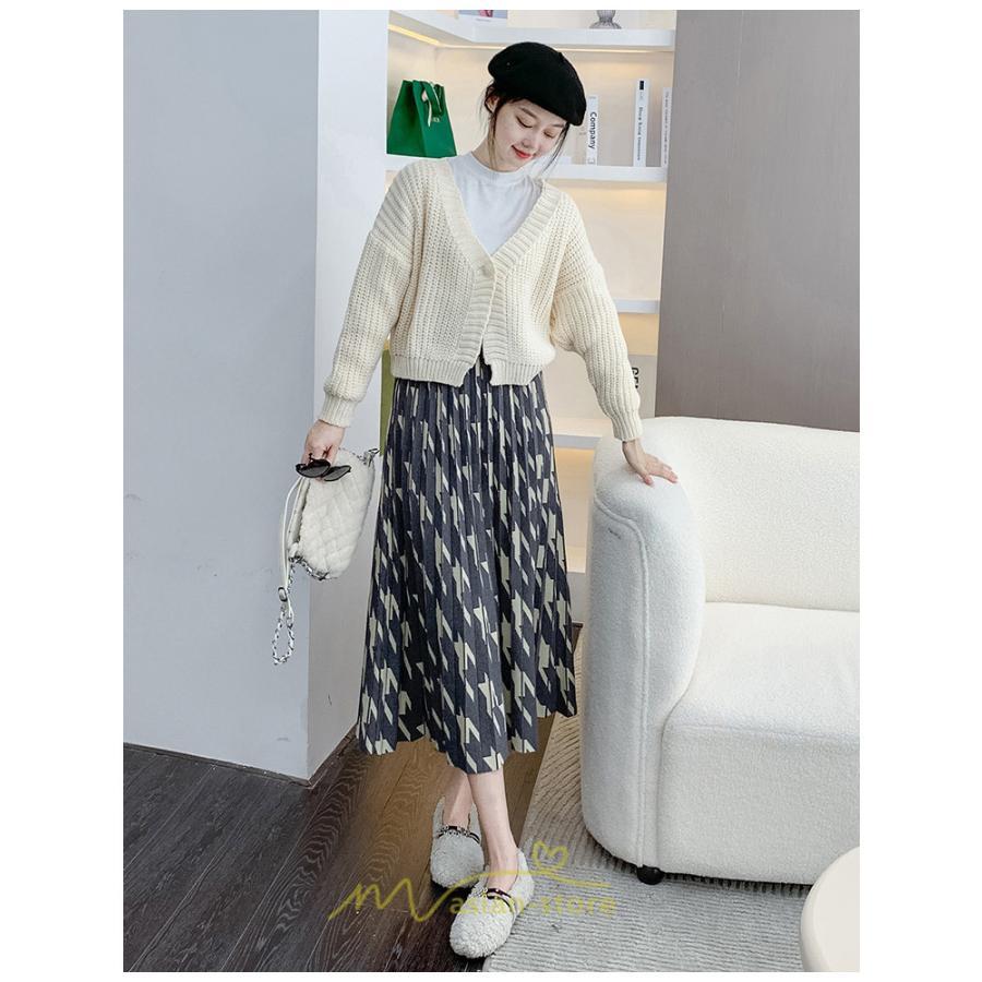 スカート | ロングレディース ボトムス プリーツかわいい 秋冬新作 韓国風 ハイウエスト 細見え 脚長効果 ニット こなれ感 高身長 低身長 トレンド