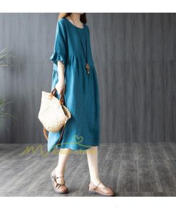 ミディアム | ワンピース レディース 40代 50代 半袖 きれいめ ゆったり ミディ丈 30代 ミディアム丈 綿麻混ワンピース 韓国ファッション 丸首 上品 カジュアル 夏物 お出かけ