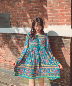 ミニ丈 | ワンピース レディース 春 夏 長袖 膝上 ショート 民族風 花柄 エスニック ボヘミアン 高品質 海外旅行 海デート 着痩せ Vネック レトロ リゾート カジュアル
