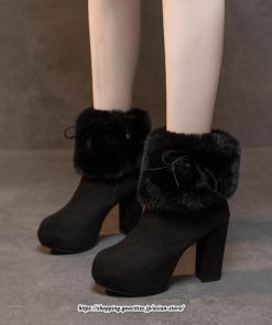 ブーツ | ショートレディース 10cmハイヒール ファー 冬用 保温防寒 太めヒール サイドジッパー スエード調 痛くない 冬靴 オシャレ 歩きやすい 痛くない