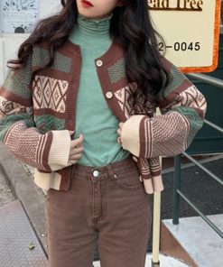 ニット・セーター | 幾何学柄カーディガン配色切替え韓国風