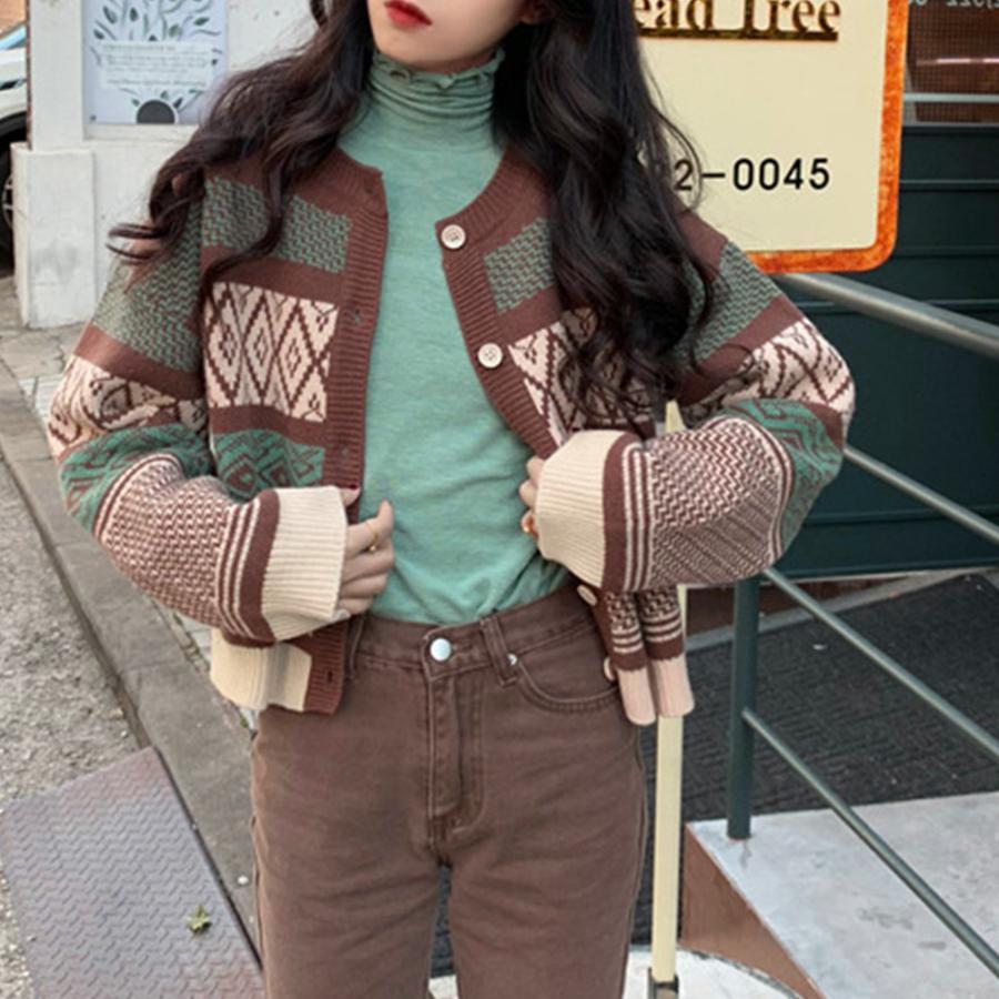 ニット・セーター | 幾何学柄カーディガン配色切替え韓国風