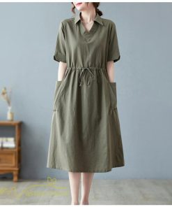 マキシ | ワンピース ゆるワンピース 無地 シャツワンピース ネック 麻混 ひざ丈 ウエスト紐 カジュアル ポケット 体型カバー ゆったり 30代 50代 夏物 40代 シンプル