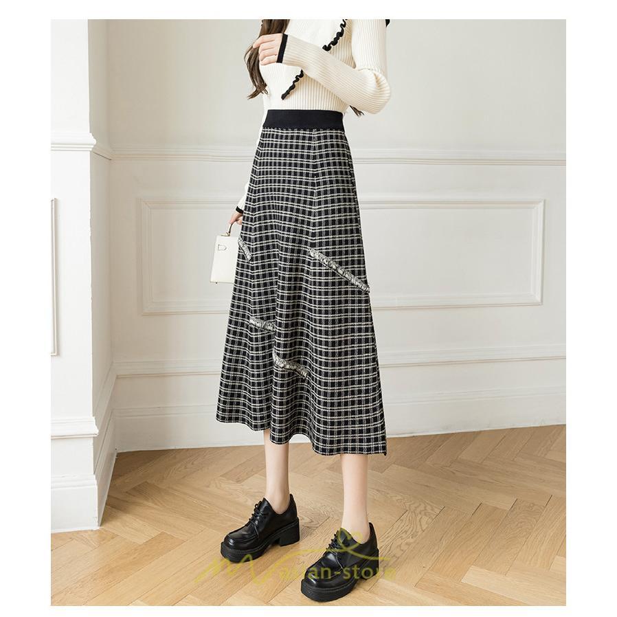 スカート | ロングチェック柄 ニット きれいめ レディース ロング丈 女子会 デート 20代 30代 40代 50代 秋 あったか お出かけ 冬 フレア 高見え 細見え
