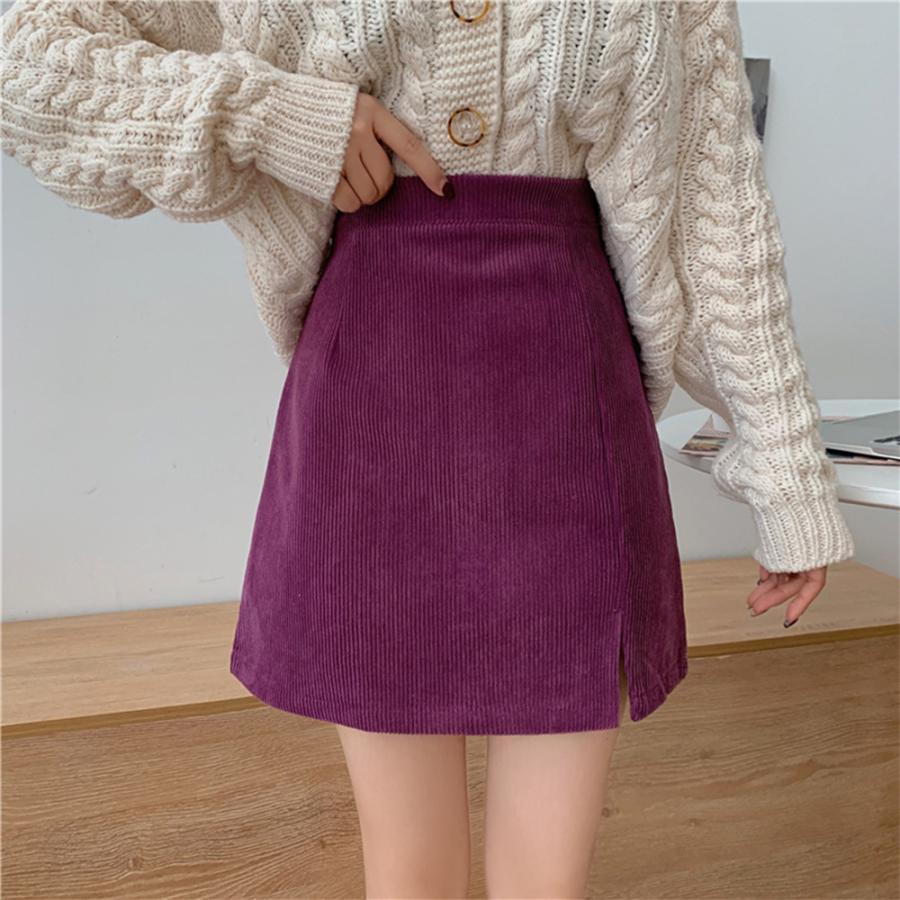 タイトスカート | ミニスリット入り Aラインスカート コーデュロイ ハイウエスト 台形美脚 スカート