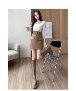 スカート | ミニレディース レザー タイトハイウエスト ポケット インナーパンツ付き ハイウエスト 韓国ファッション フェイクレザー