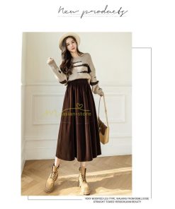 スカート | ロングミモレ丈 Aラインフレアビロードウエストゴム ハイウエスト 秋冬 無地 ゆったり 大人 通学通勤 エレガント