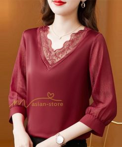 tシャツ・カットソー | Tシャツ レディース 7分袖 七分袖 カジュアル Vネック おしゃれ 女性用 シンプル 無地 ブラック 着痩せ レース付き シフォンシャツ 母の日 20代30代40代50代